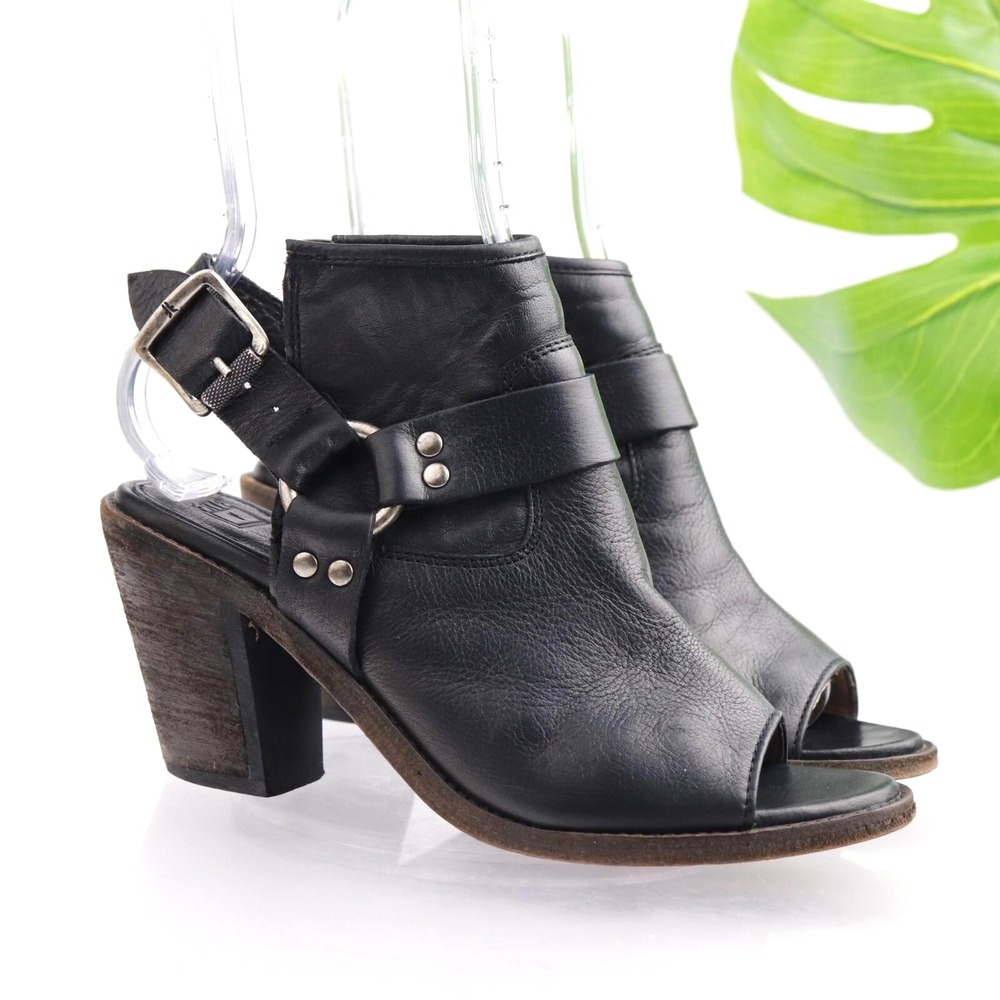 Frye Womens Izzy Sandal Size 6.5 Black Leather Slingback Block Heel Harness Shoe